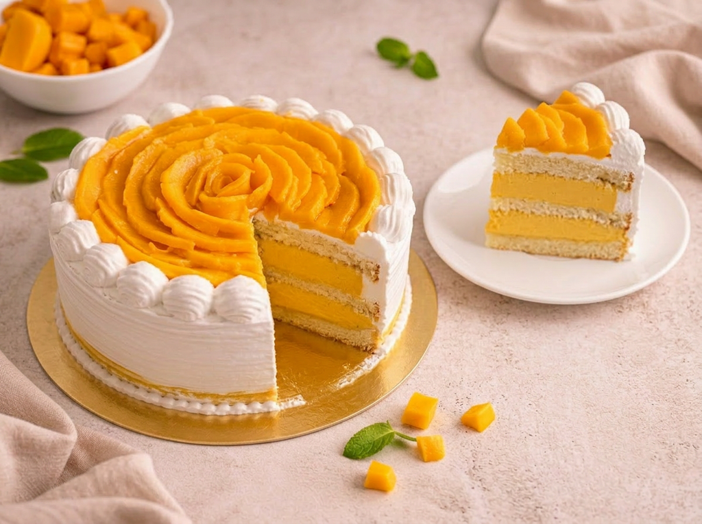 Fresh Mango and cream Cake — Slice View | Love Made Edible Bangalore